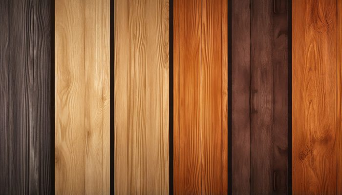 Different planks of various types of wood in a row.